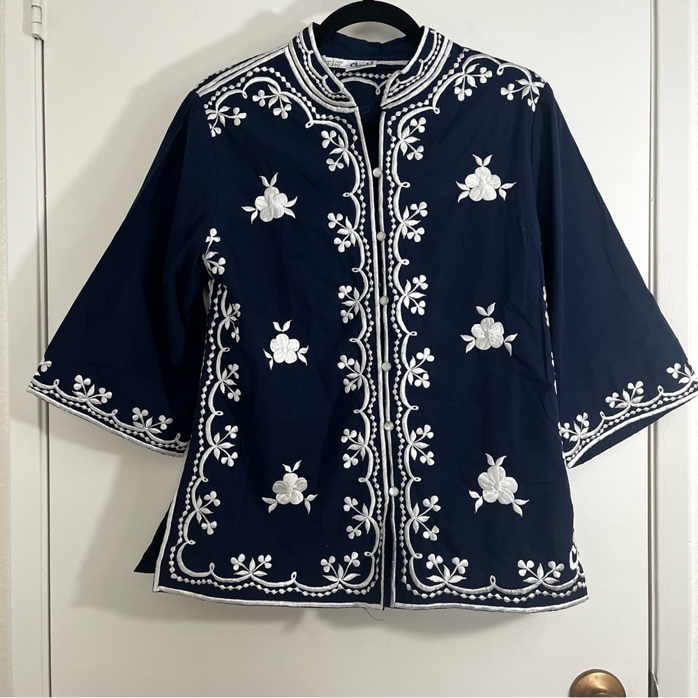 Chuchi Vtg Navy Blue Embroidered Women's Top Jacket Sz Small Boho Hippie Navy